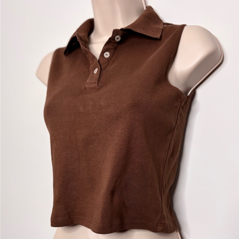 Brandy Melville Brown Sleeveless Polo Crop Top - Picture 3 of 7